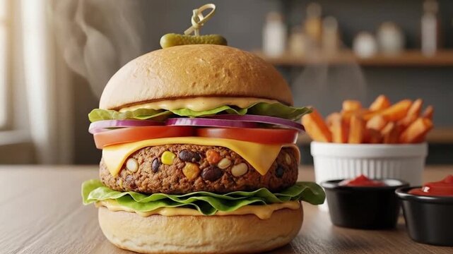 Delicious cheeseburger with fresh vegetables served with crispy fries and condiments on a modern kitchen counter
