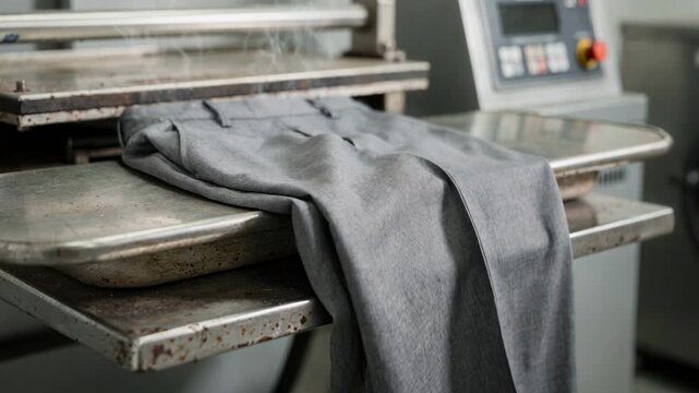 Tailored woolblend pants steamed and creased on an industrial press emphasizing smooth finish and wrinkle removal in a dry cleaning environment.