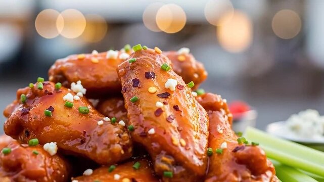 Delicious glazed chicken wings garnished with colorful spices and served with fresh celery sticks