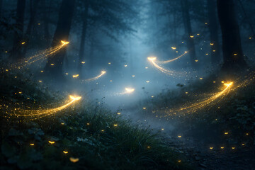 Glowing fireflies flying through a dark misty forest creating golden light trails