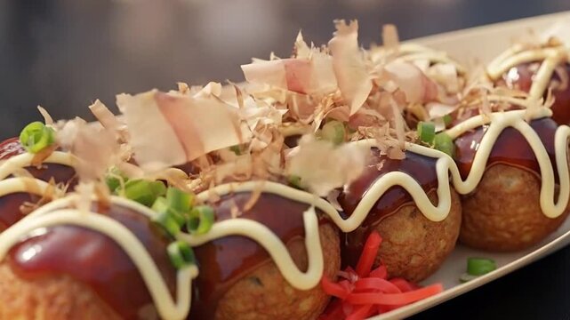 delectable takoyaki balls topped with mayonnaise sauce green onions and bonito flakes served on a white platter