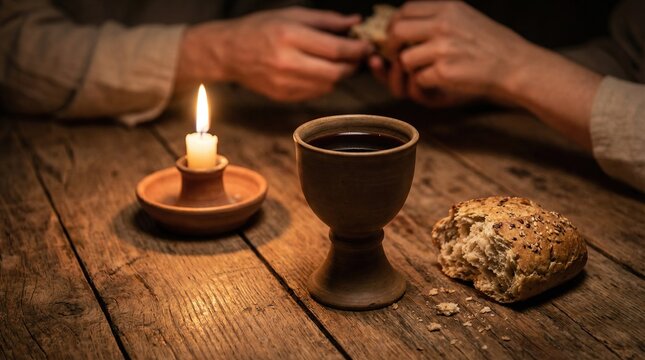 The Last Supper: Jesus breaks bread and shares wine by candlelight. Representation of the Passion of Christ