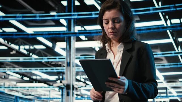 Data center engineer uses tablet and augmented reality virtualization to troubleshoot electronics issues. Server hub expert using device and digital twin simulation to fix gear system errors, camera A