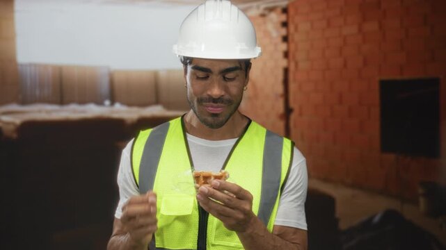 Young hispanic man eating waffle with hand to mouth in an indoor building under construction; refreshment.