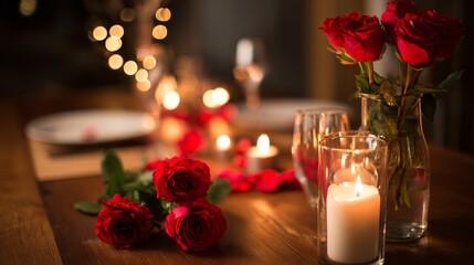 Obraz premium Intimate dinner setting with glowing candles, vibrant red roses, and elegant tableware, creating a warm and inviting atmosphere for a special occasion.
