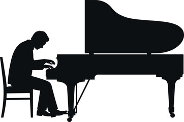 Pianist silhouette playing grand piano, musician seated performing classical music on stage, elegant instrument profile isolated vector illustration
