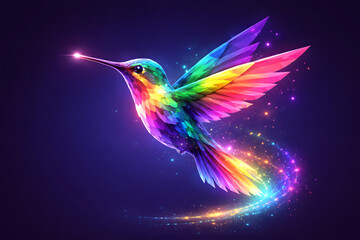 Obraz premium A rainbow-colored hummingbird flying through a cosmic backdrop filled with sparkling light trails.