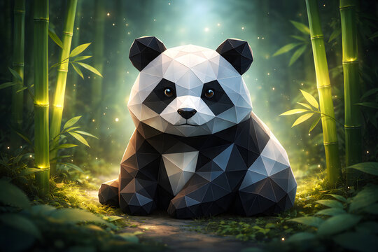 Futuristic Polygonal Panda in Bamboo Forest