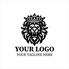 Fototapeta premium Crowned Lion Head Logo Vector – Royal King Lion Mascot Emblem in Luxury Black and White Style
