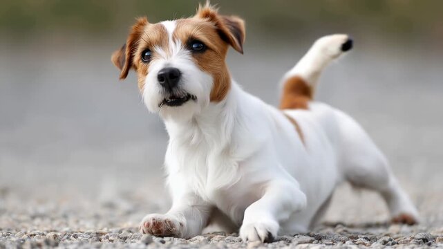 Playful Jack Russell terrier puppy on gravel raises paw then settles into lying pose outdoors
