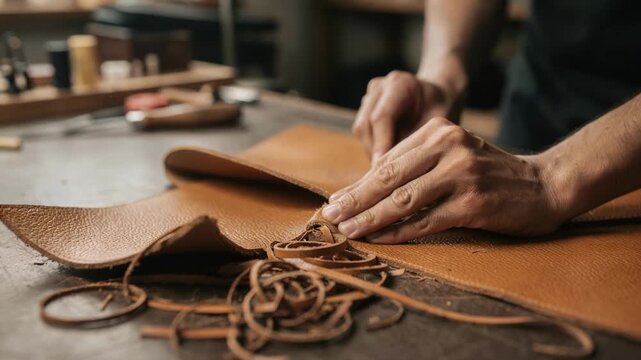 Medium shot of skilled hands skiving soft leather at a workstation carefully thinning linings to ensure lightweight comfort and durability for highend leather goods.