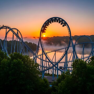 Roller Coaster at Sunset in Amusement Park.