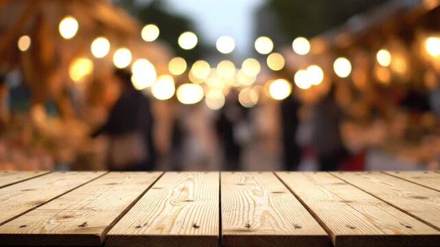 Wooden Tabletop with Blurred Outdoor Market Lights &ndash; Product Display Background in 4K