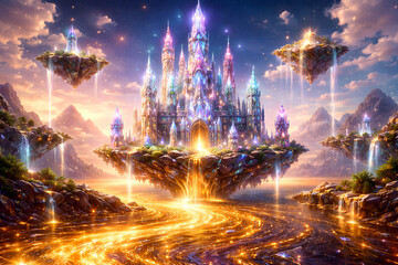 A floating crystal castle surrounded by glowing water.