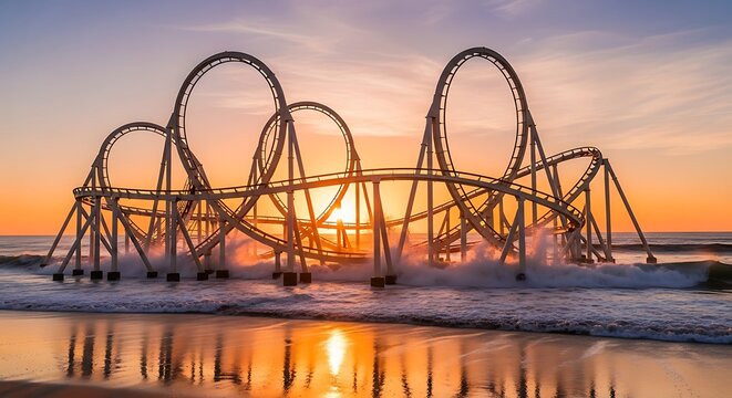Roller Coaster at Sunset on Beach Shore.