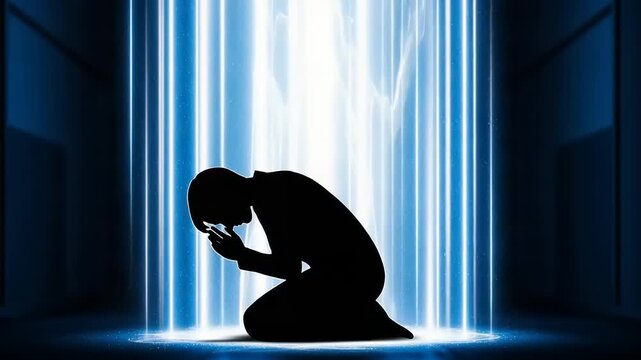Man Kneeling in Prayer with Divine Light.