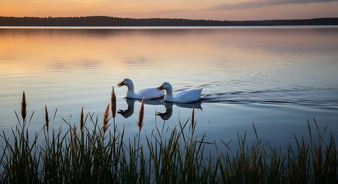 Two White Swans Swimming in Serene Lake.