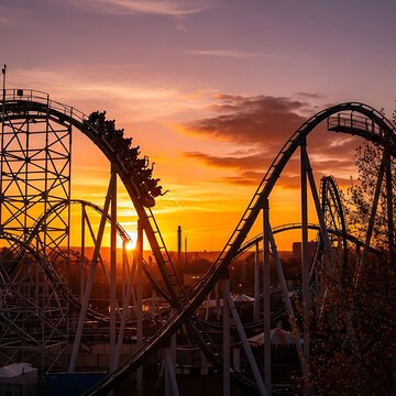 Roller Coaster Ride at Sunset Amusement Park.