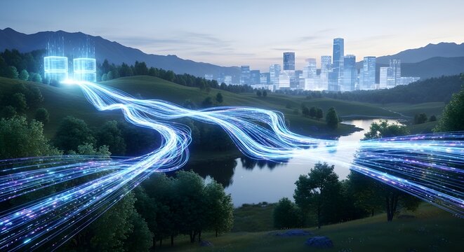 Digital Data Flowing from Server Racks to Modern City in Green Landscape