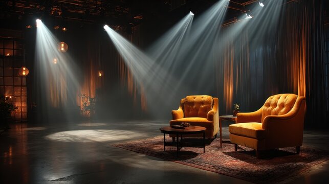 Dramatic studio setting with spotlights illuminating two plush orange armchairs and a coffee table
