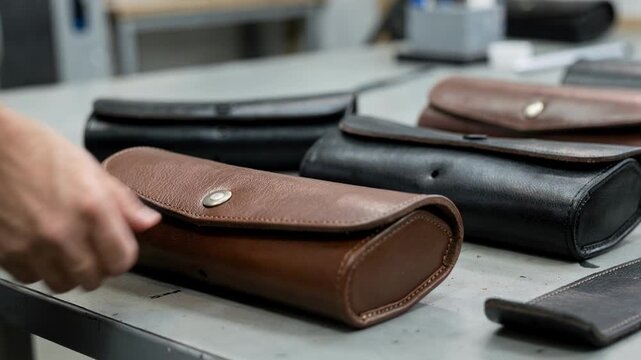 Medium shot showcasing the assembly of hard leather eyeglass cases highlighting rigid exterior molding and secure flap closures designed for maximum lens protection.