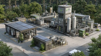 Fototapeta premium Modern Renewable Energy Industrial Plant Surrounded by Lush Green Forest Scenery