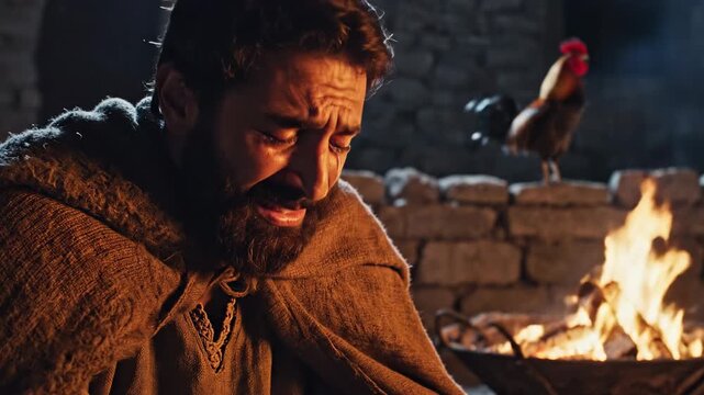 Biblical scene of Apostle Peter weeping bitterly in repentance by a night fire after denying Jesus, with a rooster crowing in the background