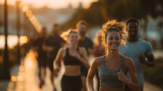 Diverse group of happy people running together outdoors during golden hour sunrise or sunset fitness