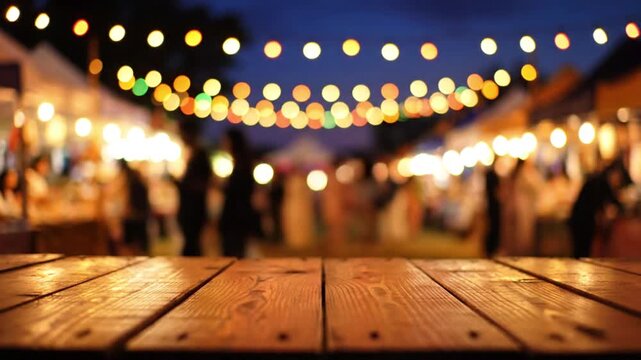 Wooden Table with Blurred Outdoor Festival Lights &ndash; Product Display Background in 4K