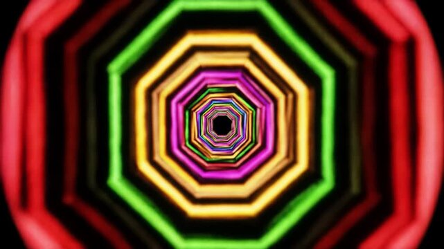 Looping abstract video of vibrant octagonal shapes expanding/contracting. Smooth dolly zoom through futuristic hyperspace, shifting electric colors. Motion graphics concept.