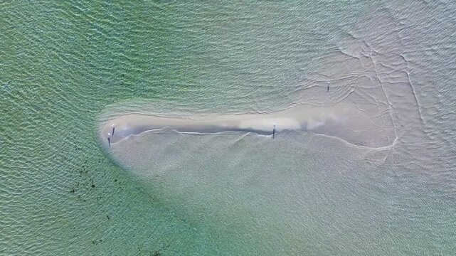 Aerial horizontal top-down of seagull flying over a sandbar as the footage pans out