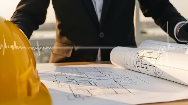 Engineer reviewing construction blueprints closely.