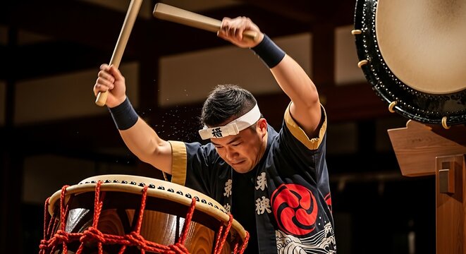 Man Playing Taiko Drum with Enthusiasm.