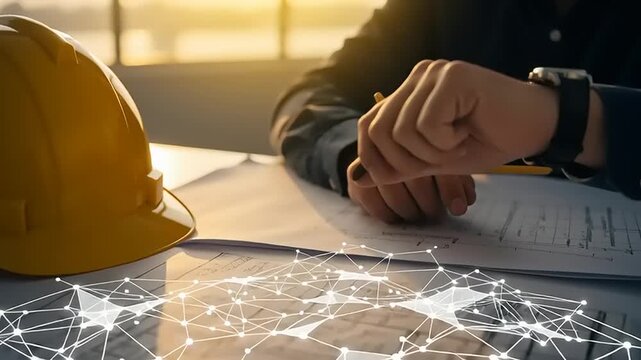 Engineer planning construction project with blueprint.