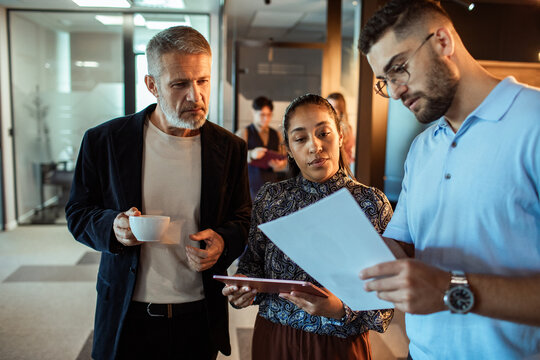 Multigenerational coworkers reviewing documents in modern office