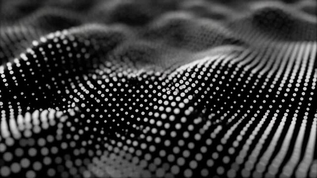 A grayscale, abstract artwork depicting a wave-like surface composed of arranged dots