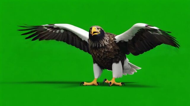 Impressive Steller's Sea Eagle Standing with Outspread Wings and Calling on Green Screen - Large Bird of Prey with Chroma Key Background