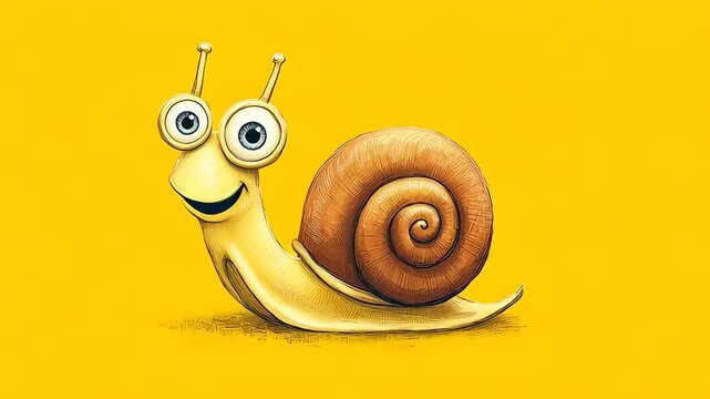 Funny Cartoon Snail Character Smiling on Yellow Background