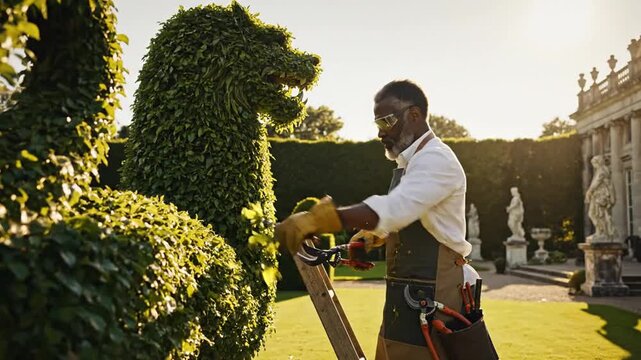 Gardener trimming topiary with chainsaw in a manicured garden.