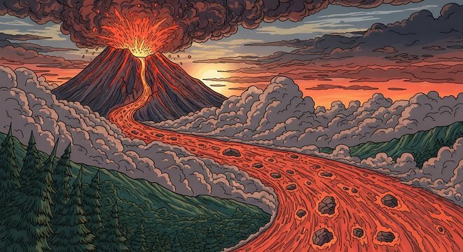 Volcanic Eruption Landscape with Lava Flow.