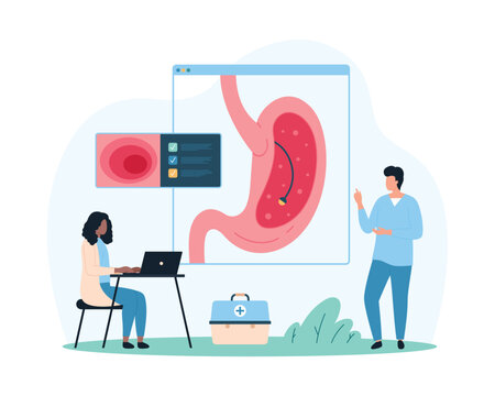 Diagnosis of diseases of stomach and digestive system, gastroscopy. Tiny people study human stomach cavity with endoscope tube, medical procedure to diagnose gastritis cartoon vector illustration