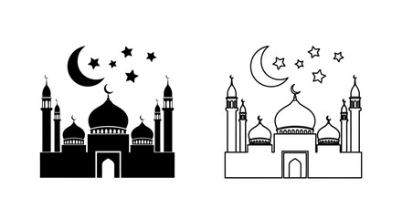 Fototapeta premium Black silhouette and outline vector mosque with crescent moon and stars, Islamic architecture icon isolated on white