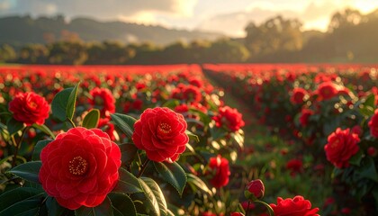Fototapeta premium Beautiful close-up of a vibrant red camellia flower in a vast agricultural field during a stunning sunset. The scenic landscape is bathed in warm golden hour light, with rows of flowers.