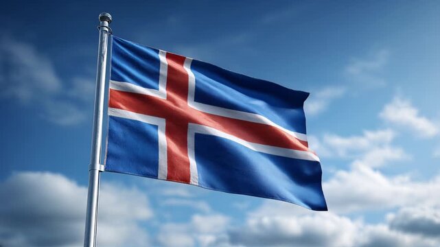 icelandic flag waving in blue sky. flag of iceland