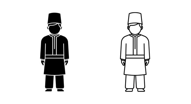 Malay man in traditional Baju Melayu and songkok hat, black silhouette and outline vector icon, isolated on white