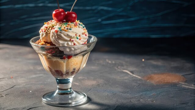 Indulgent summer treat in elegant glass, featuring a rich ice cream sundae with colorful sprinkles and a juicy cherry topping
