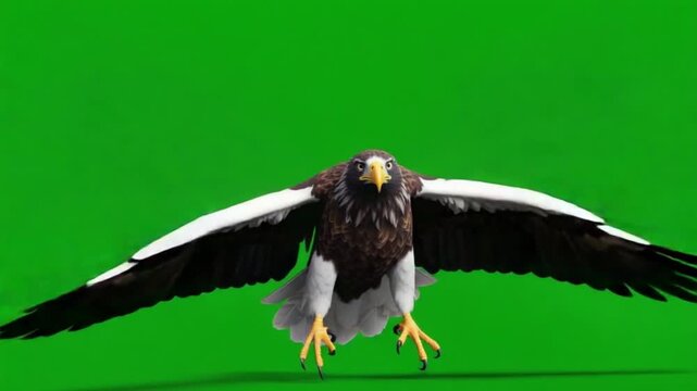 Majestic Steller's Sea Eagle Flying Towards Camera with Spread Wings on Green Screen for Dynamic Wildlife VFX