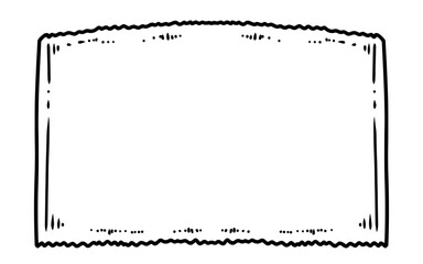 A black and white illustration of a blank, rectangular sign with a decorative, wavy top and bottom border.