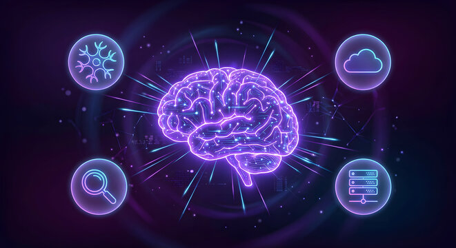 artificial intelligence concept with glowing purple human brain and digital neural network icons for machine learning data analysis cloud computing and futuristic mind technology