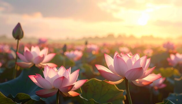 Beautiful field of pink lotus flowers blooming in a serene pond during a warm and golden sunrise, creating a tranquil and picturesque natural landscape with soft light and a peaceful ambiance.